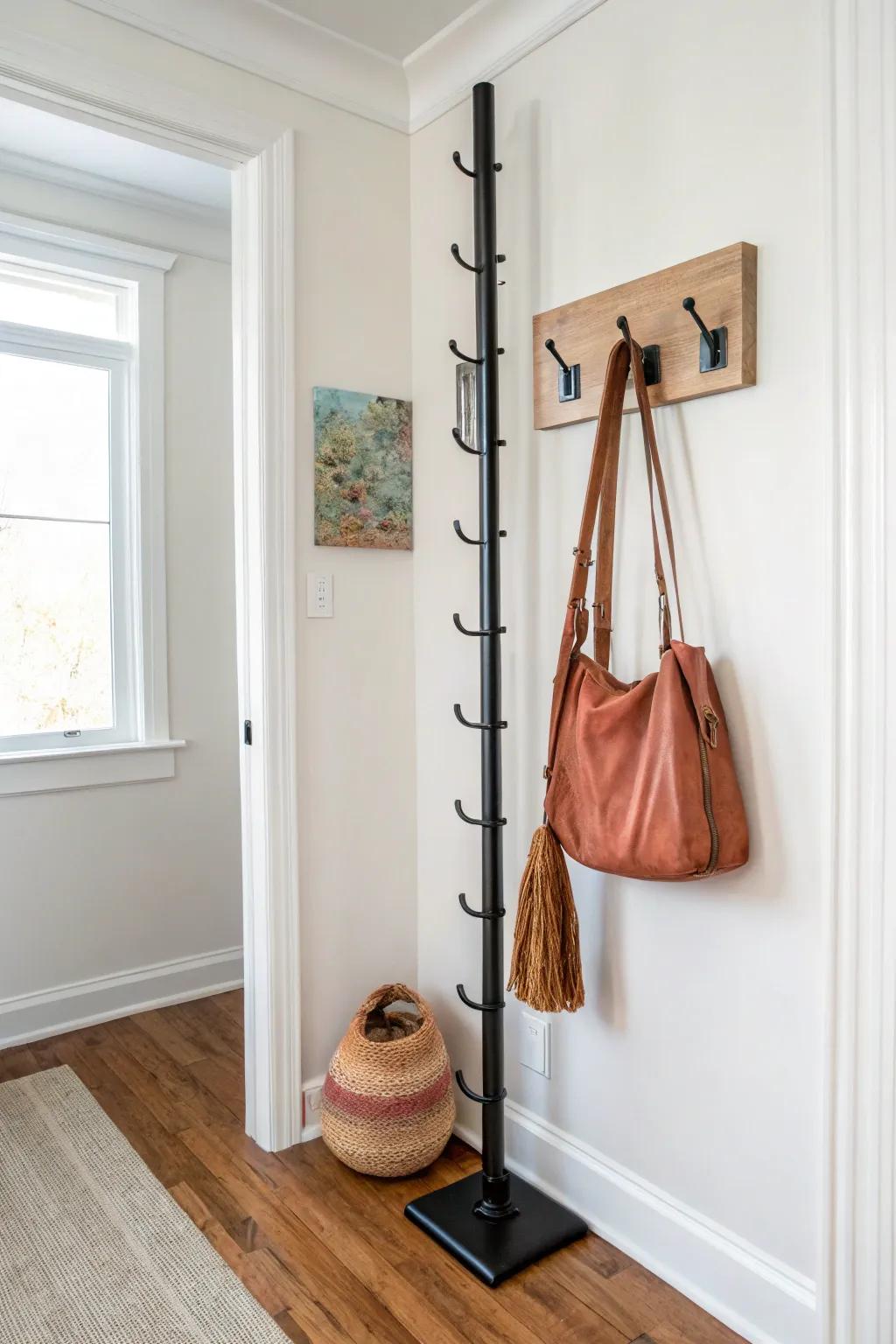 Turn a tight corner into a chic vertical purse rack with a simple stacked hook column.