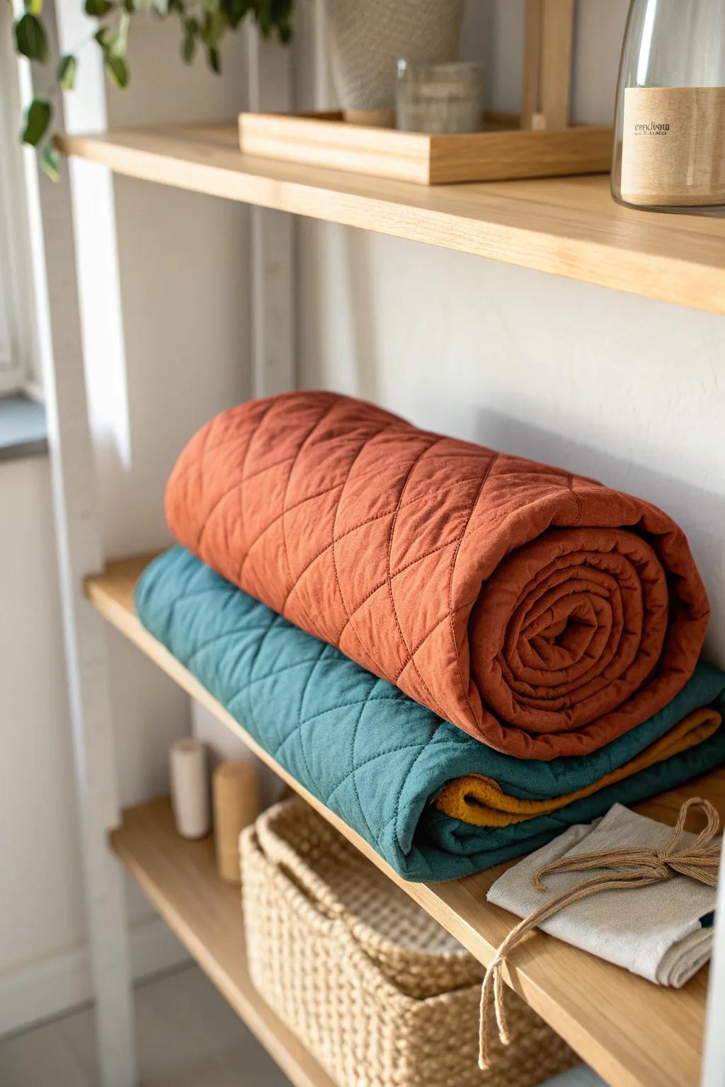 Bias-fold quilts into a diagonal burrito roll to reduce harsh creases and keep closet stacks tidy.