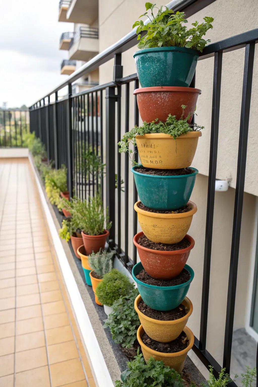 Stacked pots on a railing = a vertical garden win—sun lovers up top, shade plants below.