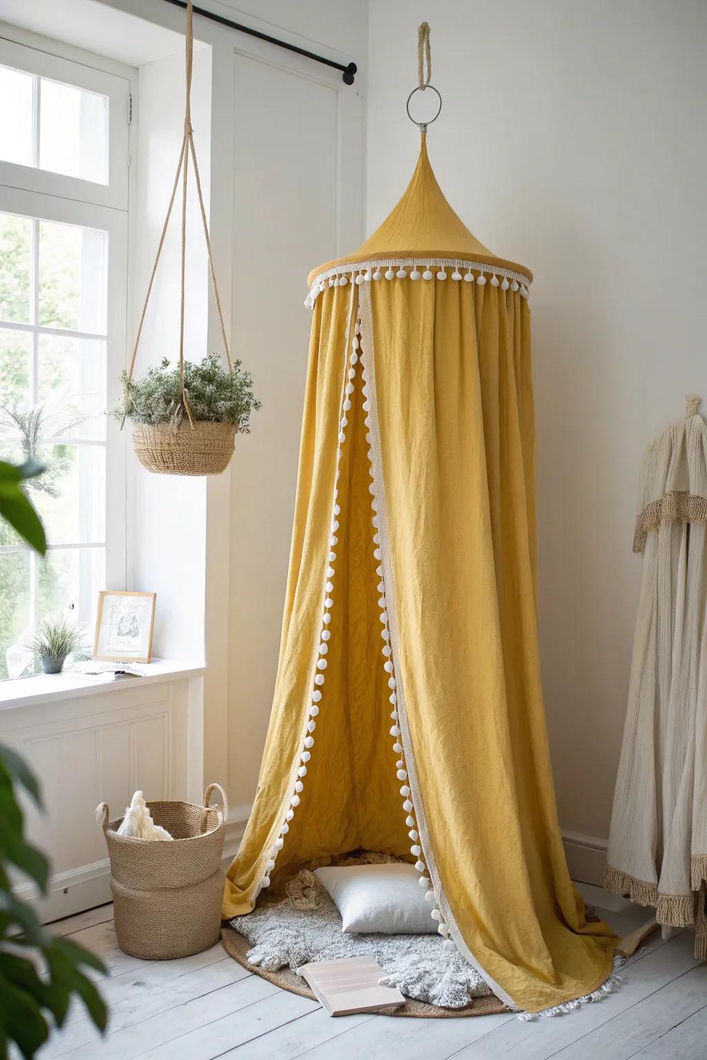 A mini linen canopy instantly turns a small classroom corner into a cozy reading nook.