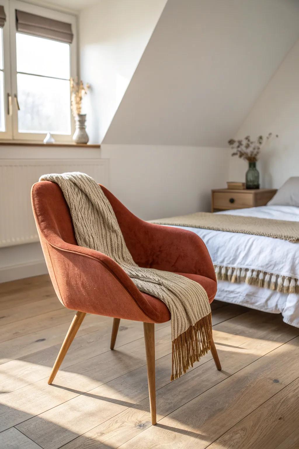 A micro bedroom reading nook: one bold chair at the foot of the bed invites real reading.