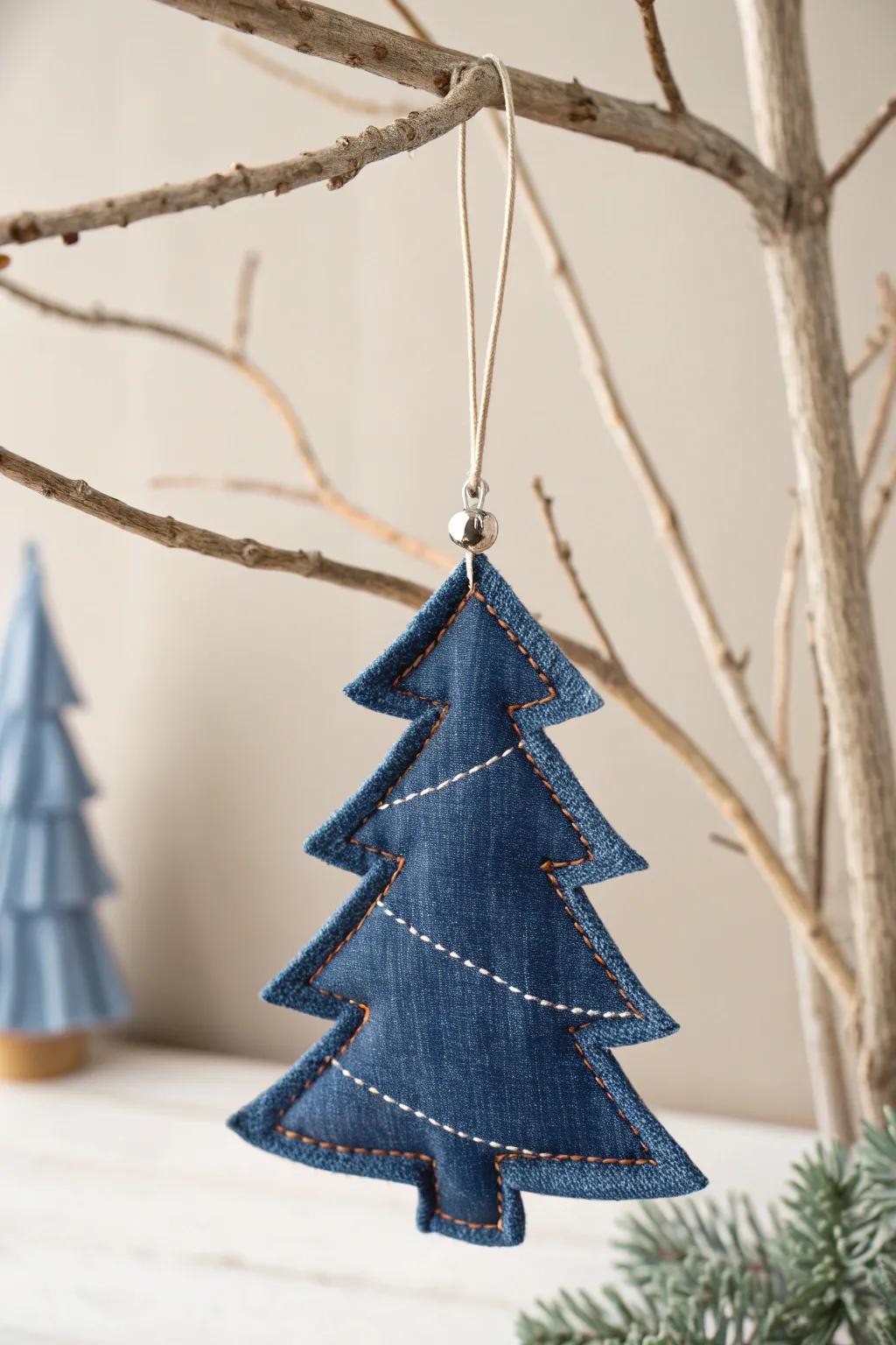 Upcycle your old jeans into charming denim tree ornaments for a rustic, cozy touch this Christmas.
