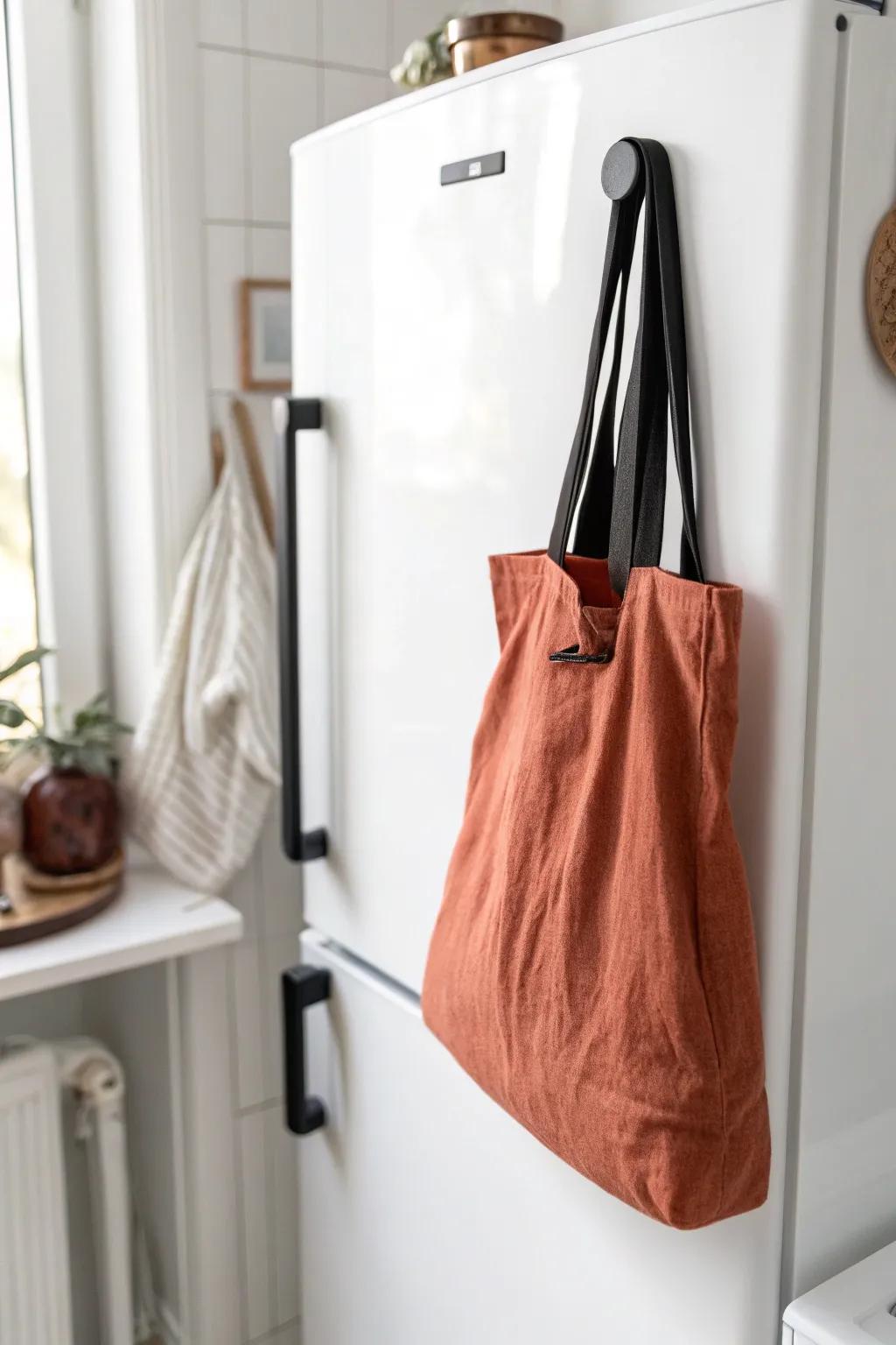 Turn the fridge side into a chic magnetic hook zone for reusable bags—easy to move anytime.