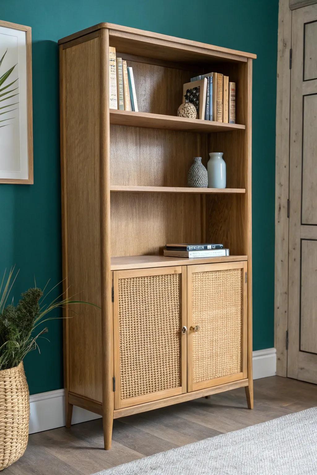 Refurbished bookshelf with cane-panel doors—airy hidden storage that keeps small spaces serene.