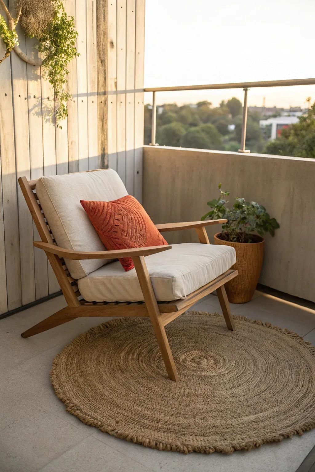 A tiny balcony corner that feels like an indoor lounge—soft textures, warm light, pure calm.