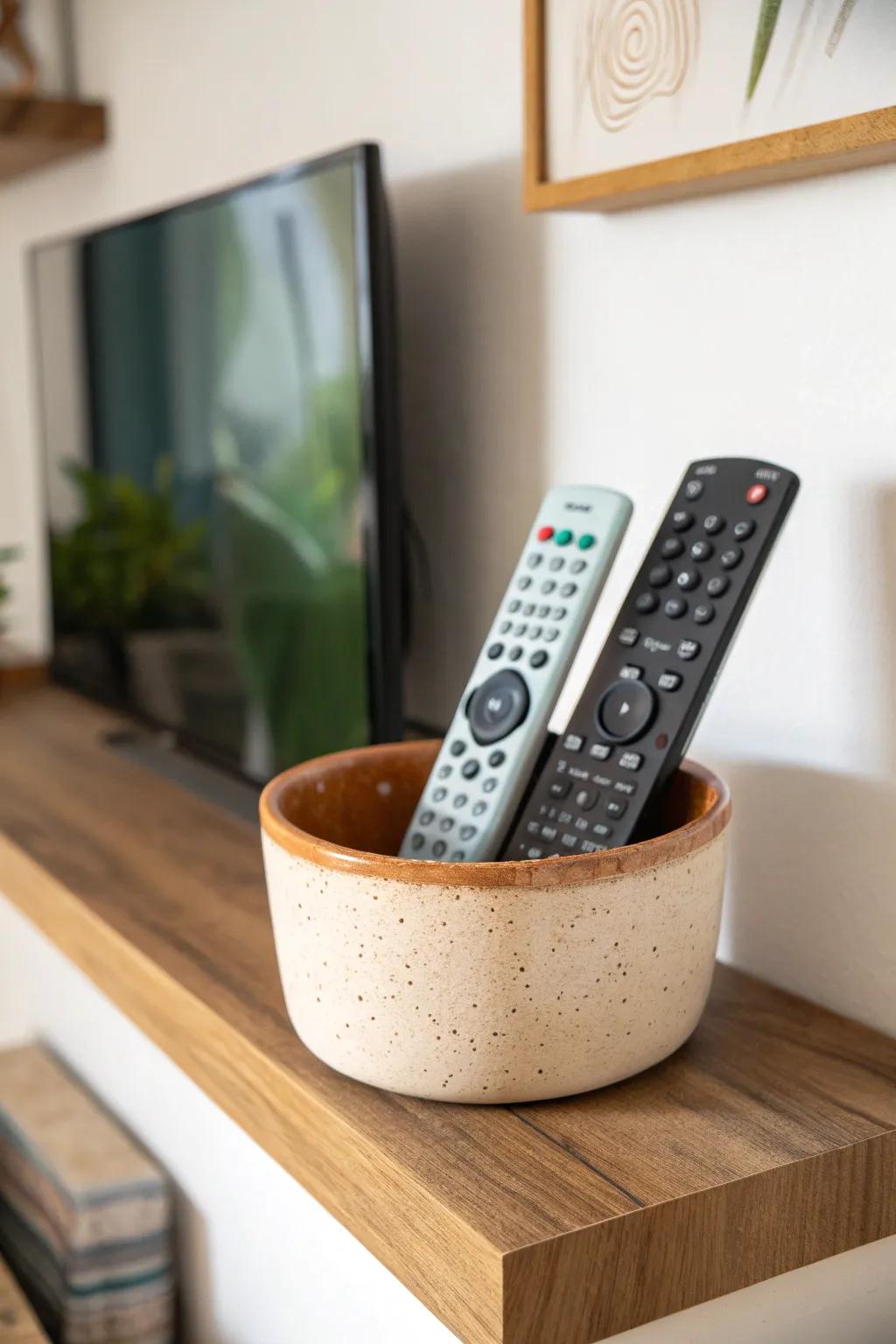A chic ceramic crock that keeps remotes upright and looks like decor on a slim shelf.