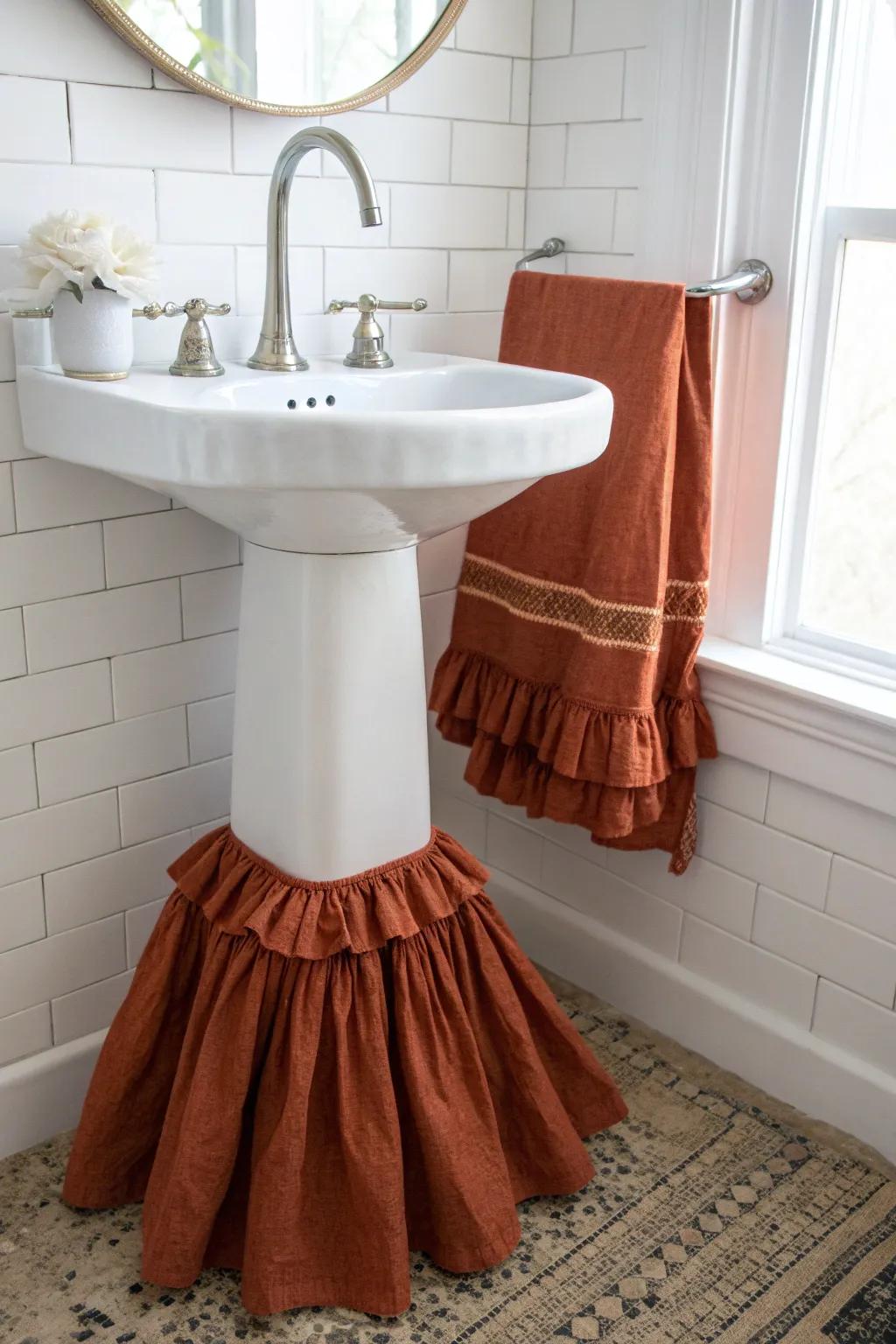 A simple linen sink skirt adds hidden storage and instant softness to a rental bathroom.