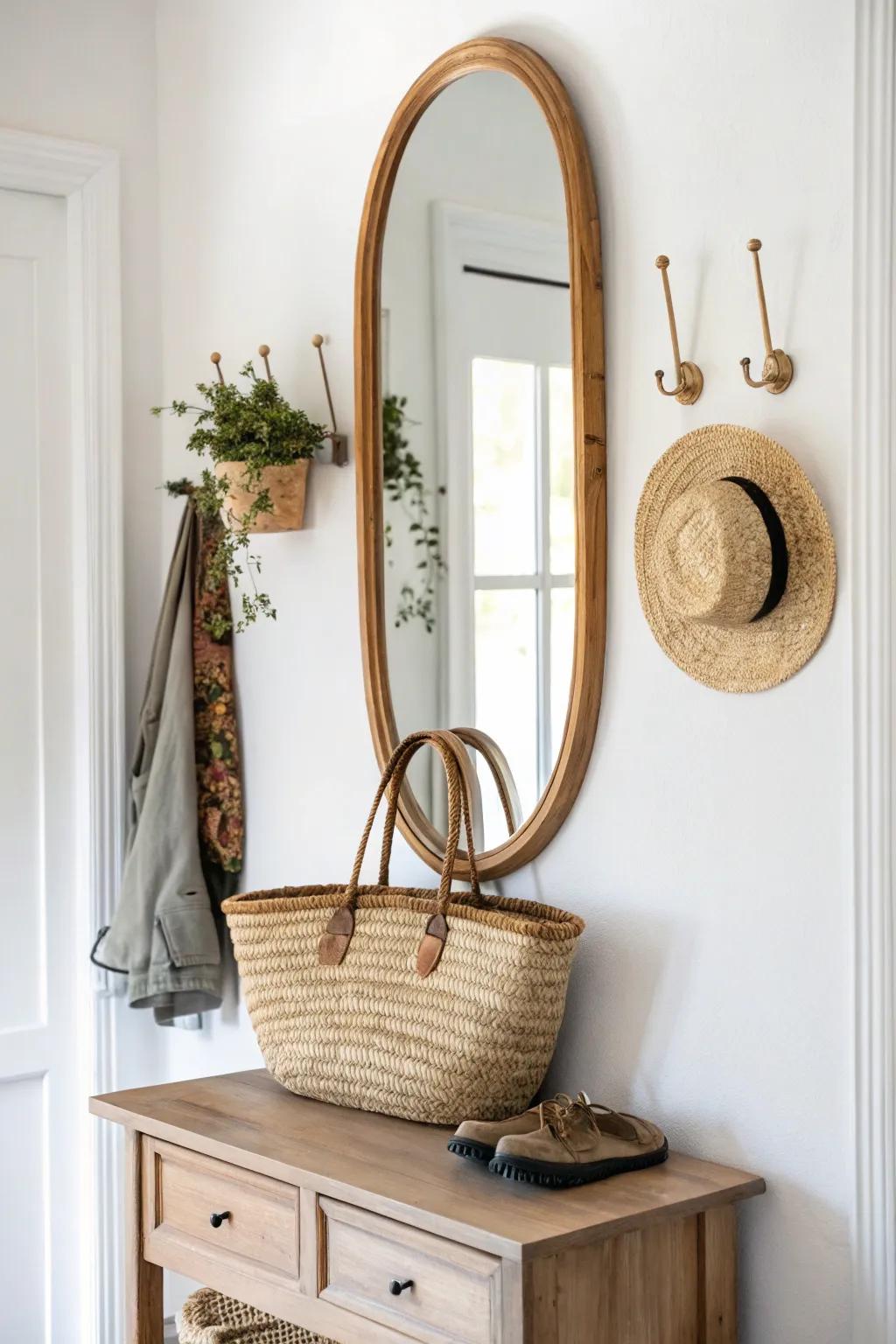 Turn a dresser mirror into a mini mudroom: add brass hooks for bags, hats, and leashes.