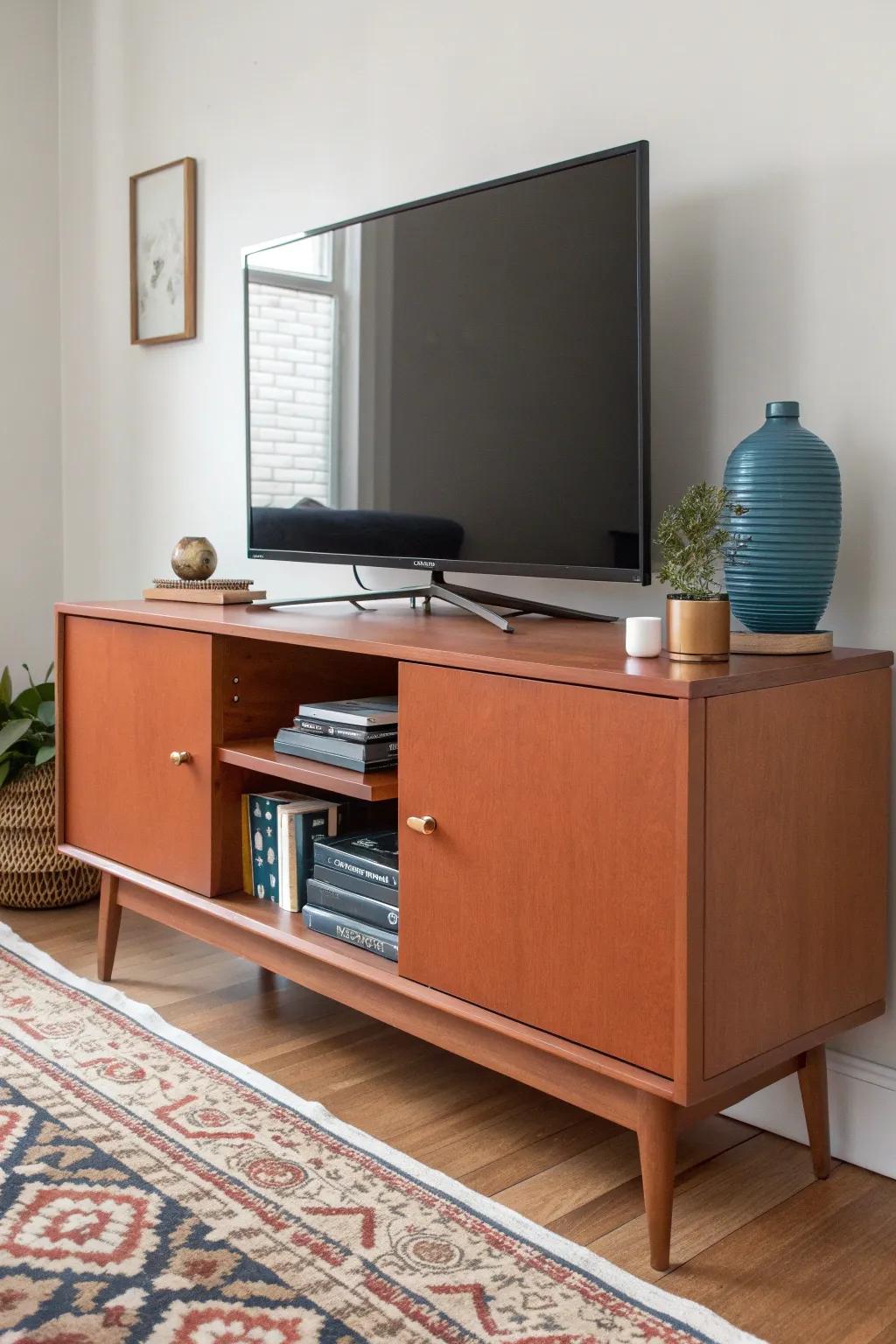 Turn a low china cabinet base into a chic media console with hidden storage and clean cords.