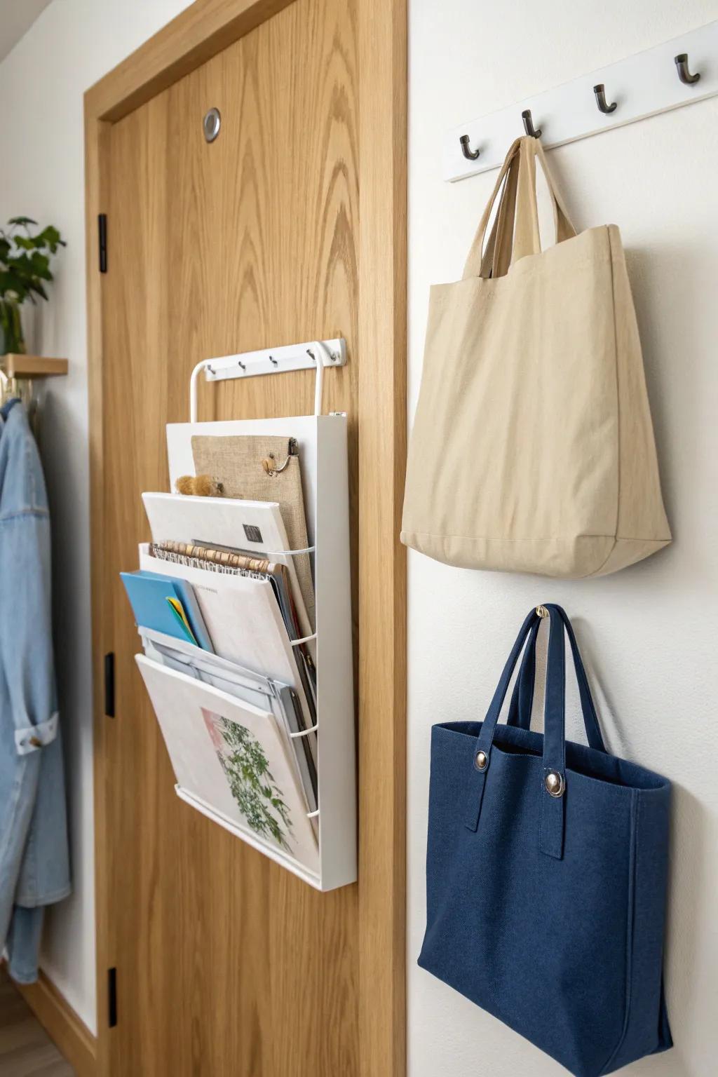 Mount a wall file holder inside the closet door to store flat reusable bags like magazines.