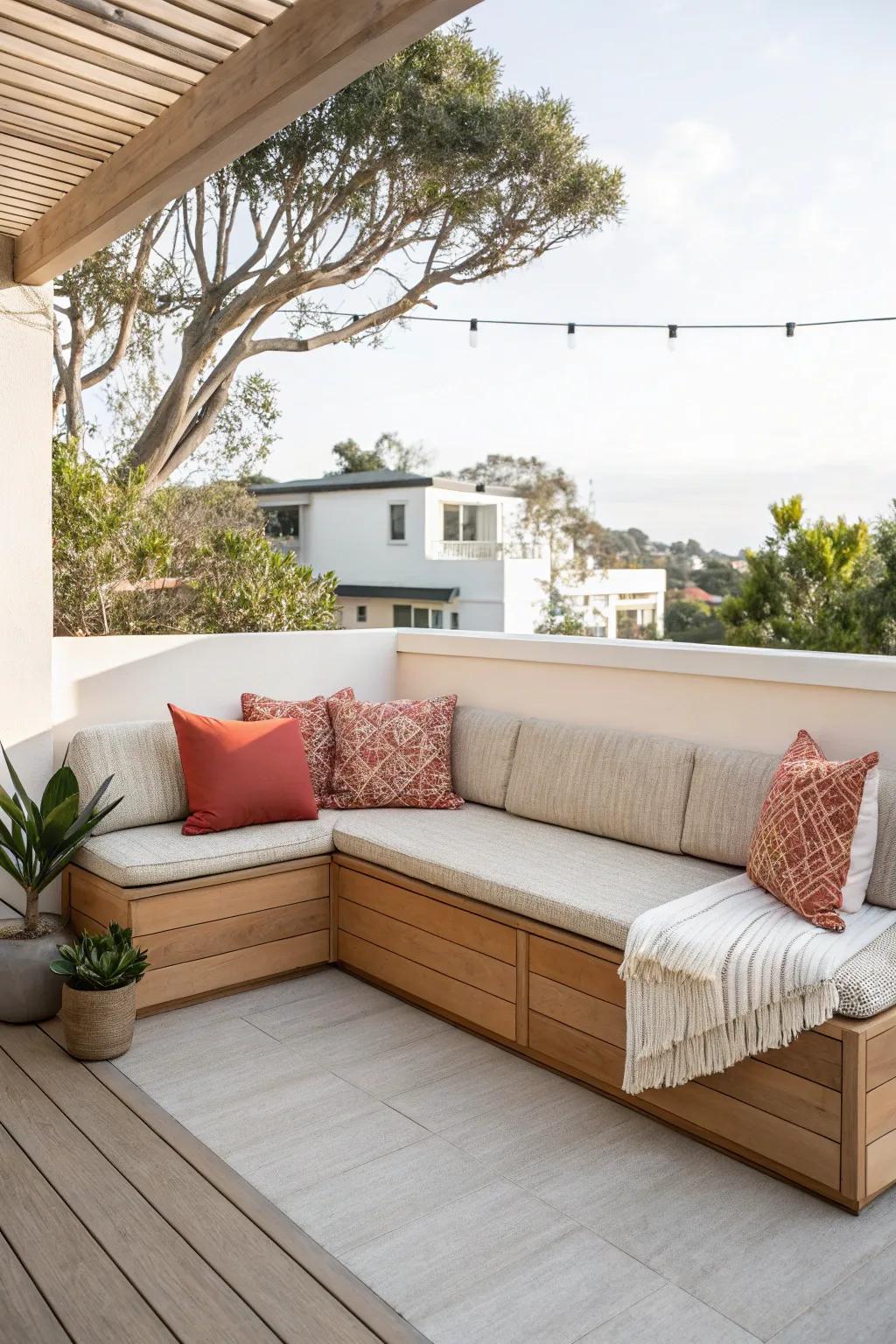 Turn odd rooftop corners into cozy seating with a sleek corner banquette that feels custom.