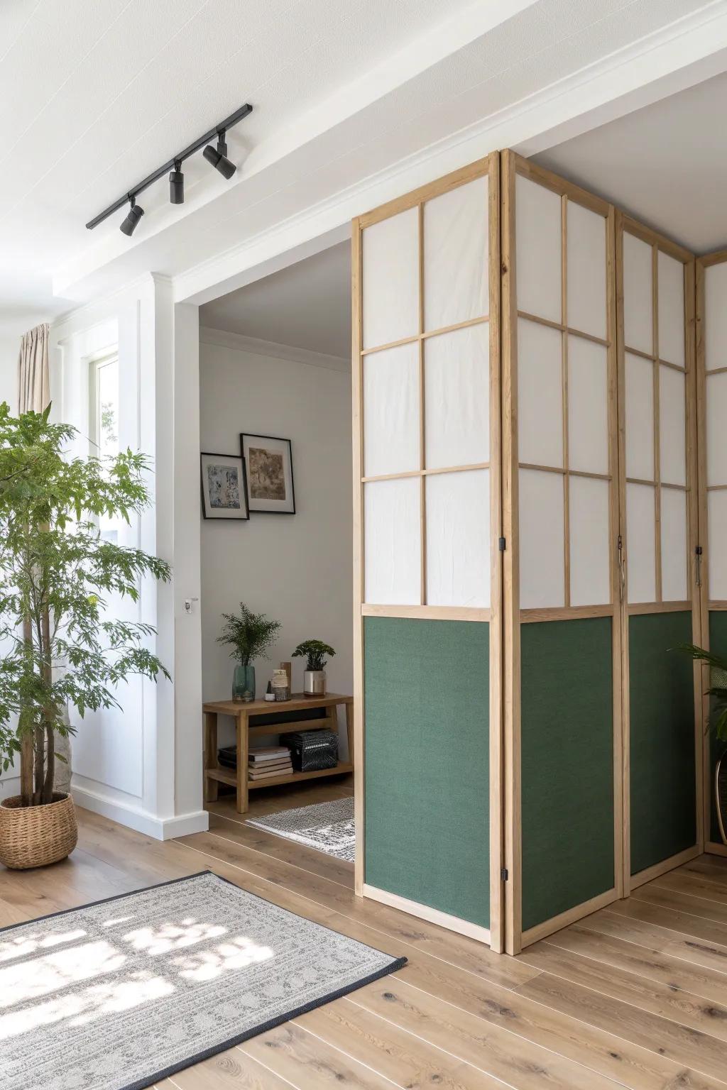 Half wall divider + sliding screens: open by day, private by night—perfect for small spaces.