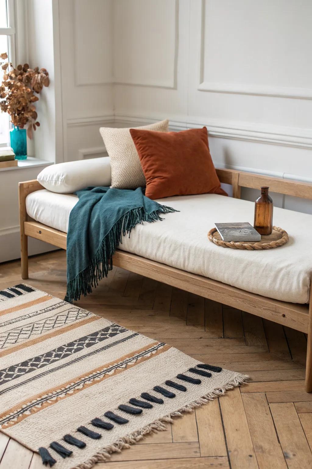 Rug-zoned daybed lounge corner—an easy trick to define a cozy zone in an open, small space.