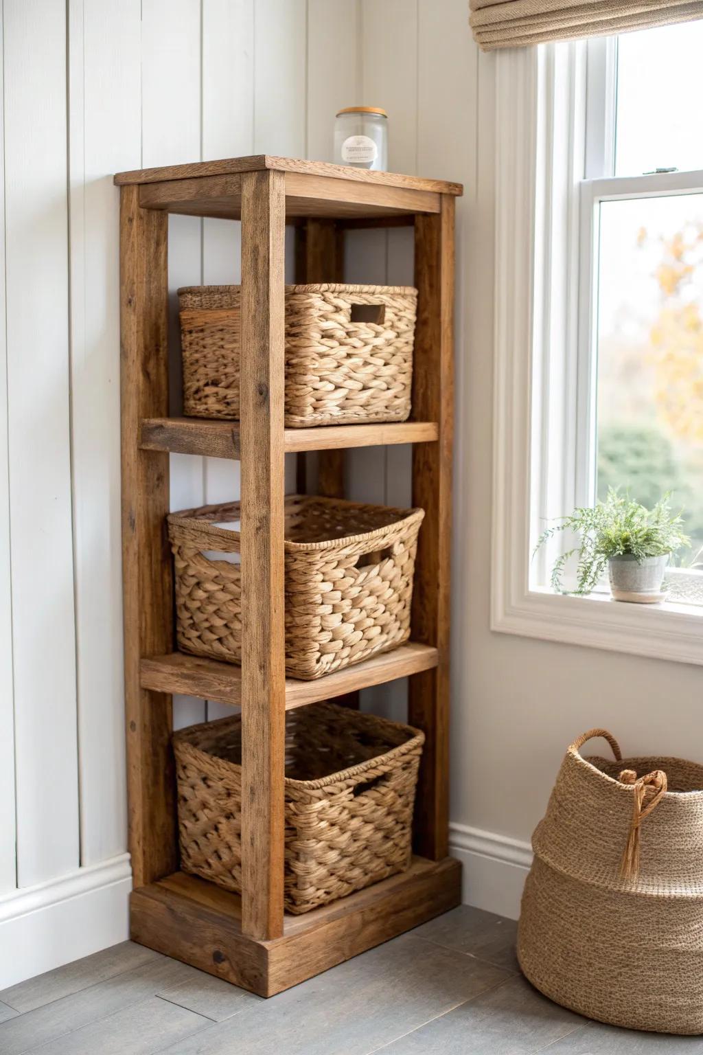 Matching woven baskets on a rustic corner shelf keep small-space storage calm and styled.