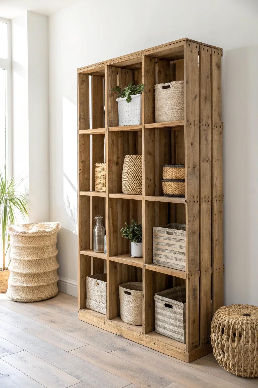 Rustic wood-crate cubby divider: a chic small-space separator with hidden storage cubbies.