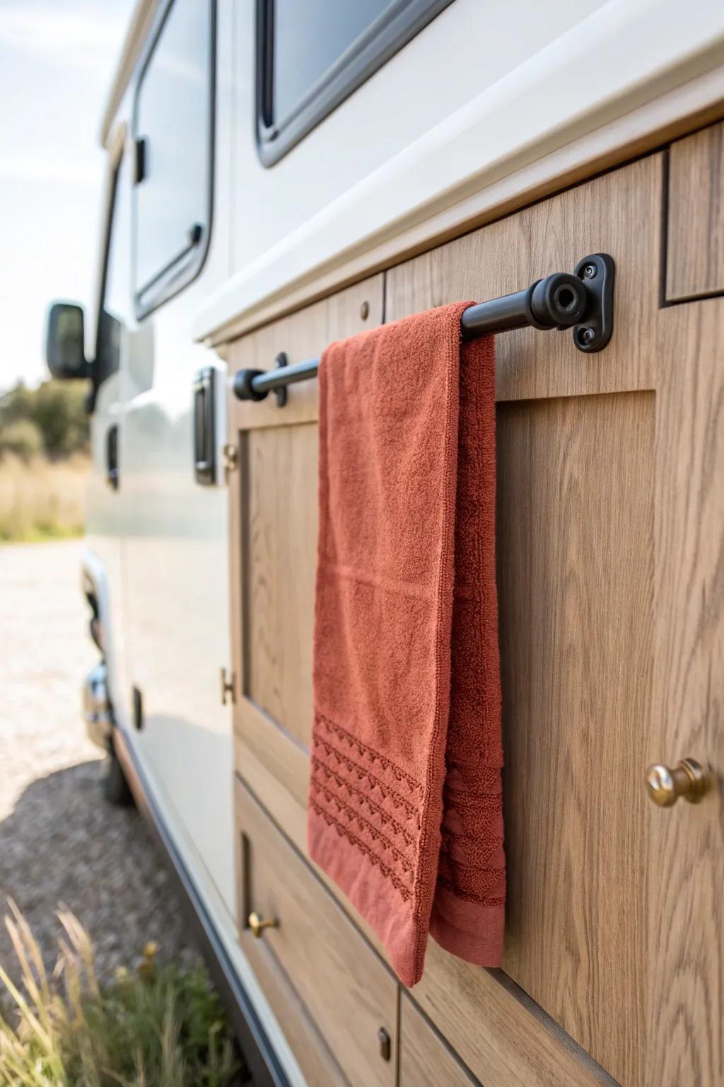Add a side-mounted towel bar to keep damp towels off the floor in a tiny RV bathroom.