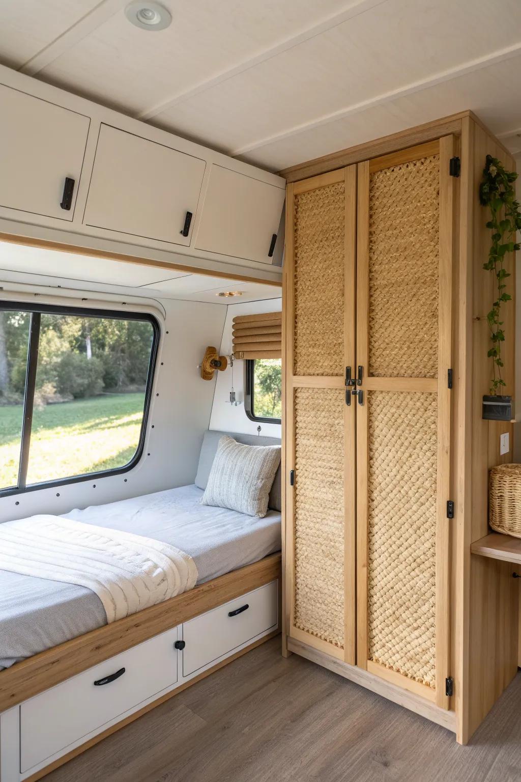 Fold-away Murphy RV bed: sleek birch cabinet with rattan detail—open floor space all day.