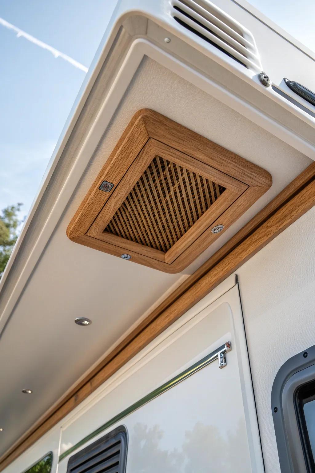 Custom oak trim around an RV roof vent makes the ceiling look finished and intentional.