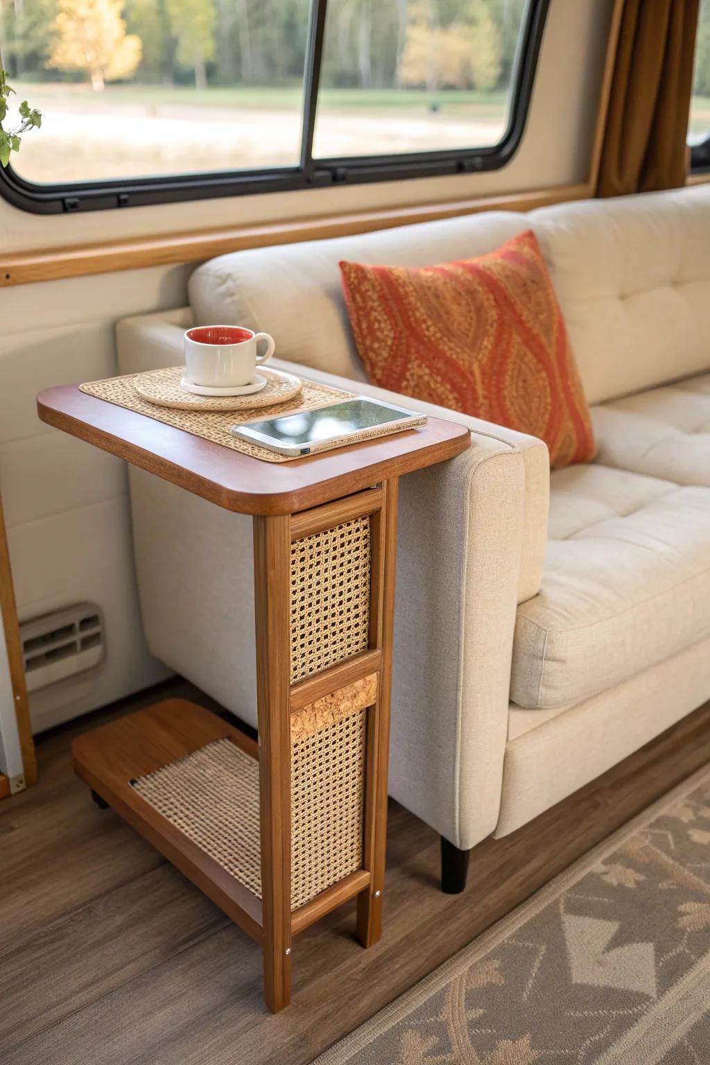 Swap a bulky coffee table for a slim side table—more walkway space, same cozy style.