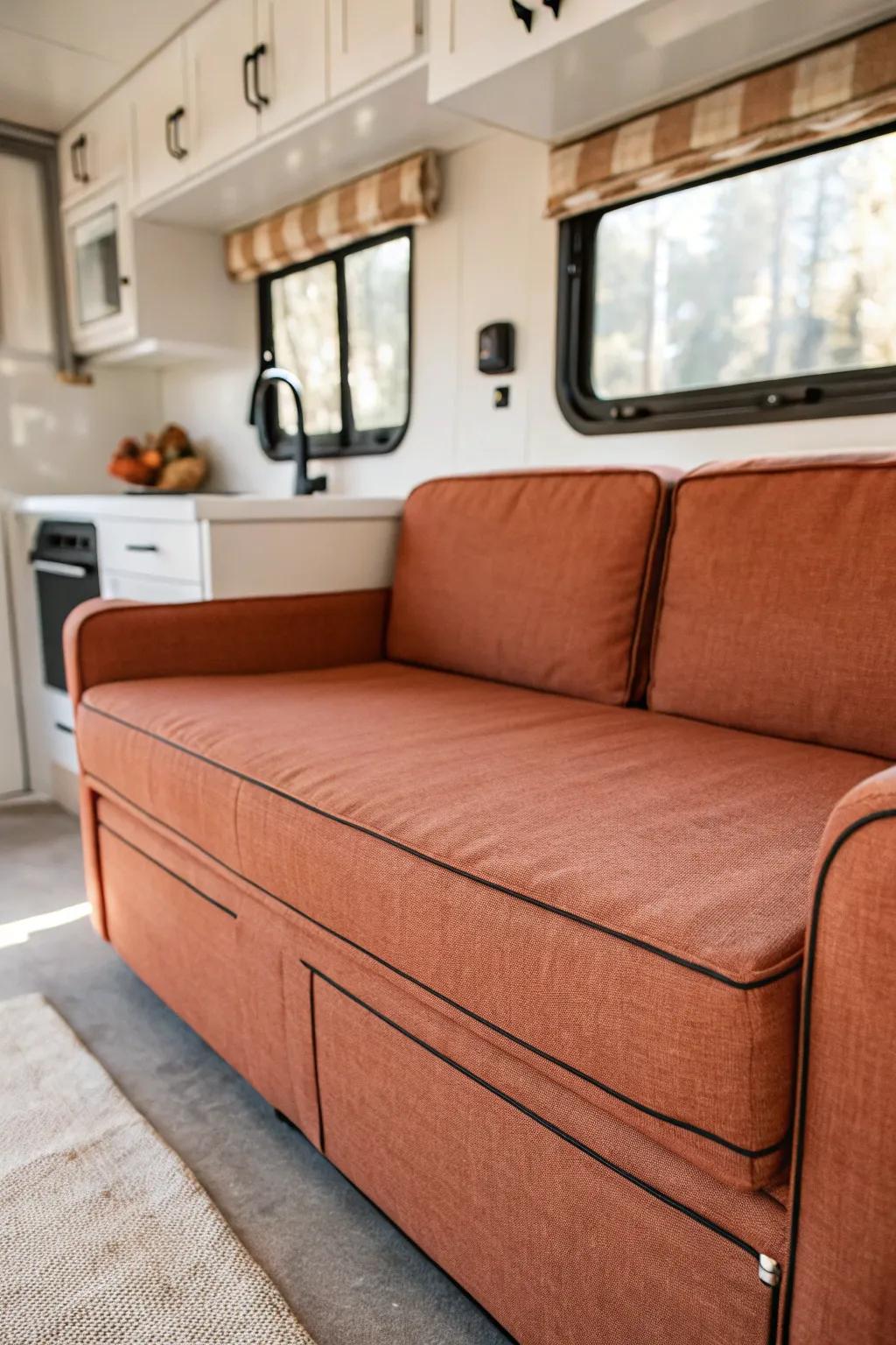 A custom-fitted slipcover makes an RV couch feel brand new—tailored, washable, and built-in chic.