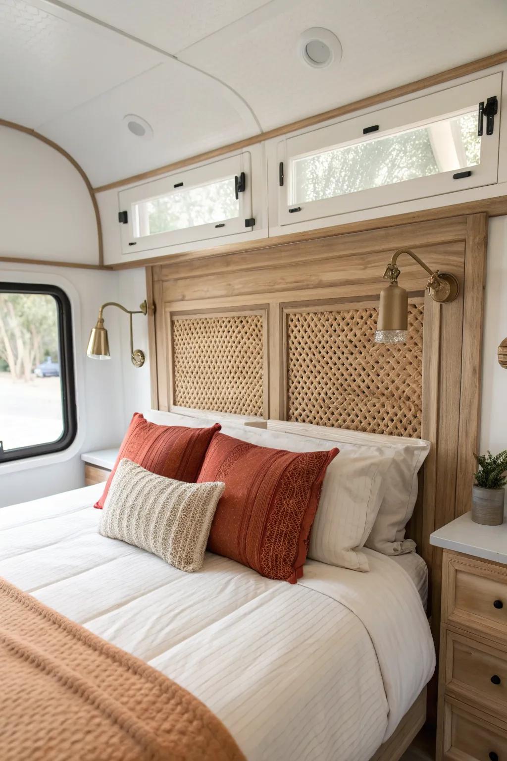 A built-in headboard with warm sconces turns an open-concept RV bed into a true bedroom.