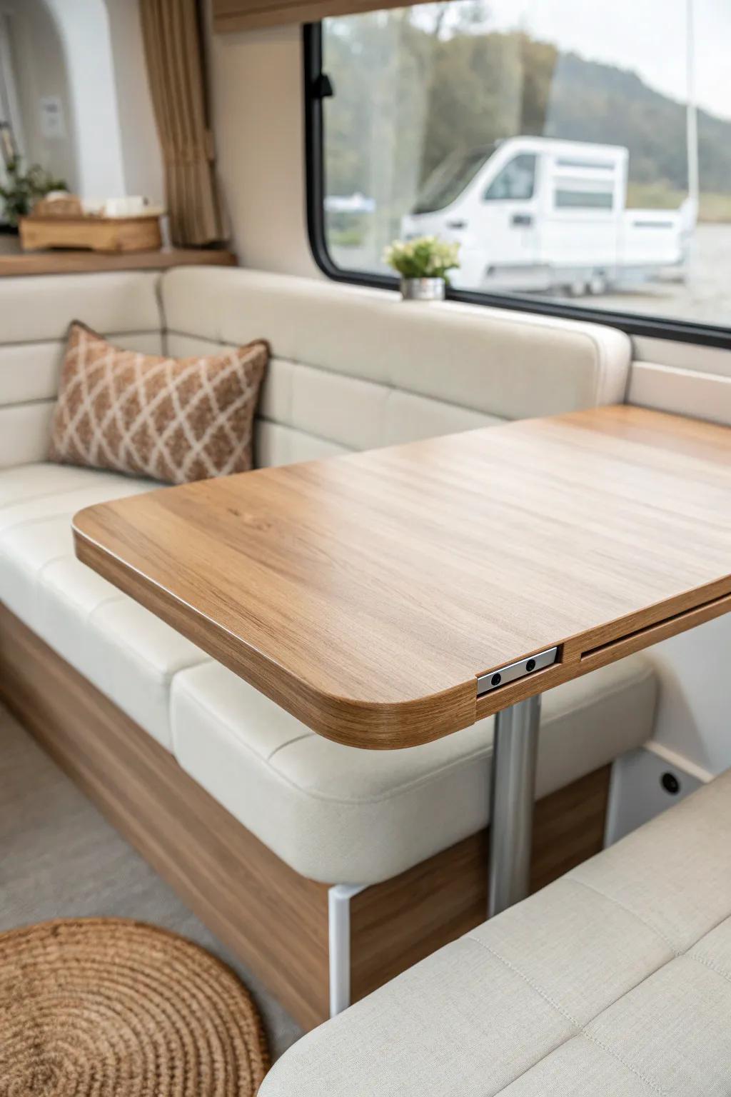 Removable tabletop stows flat on travel days—get instant RV floor space in seconds.