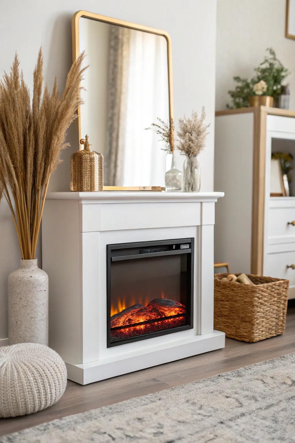 A mirror panel above your RV fireplace reflects the flames for a brighter, deeper-looking space.