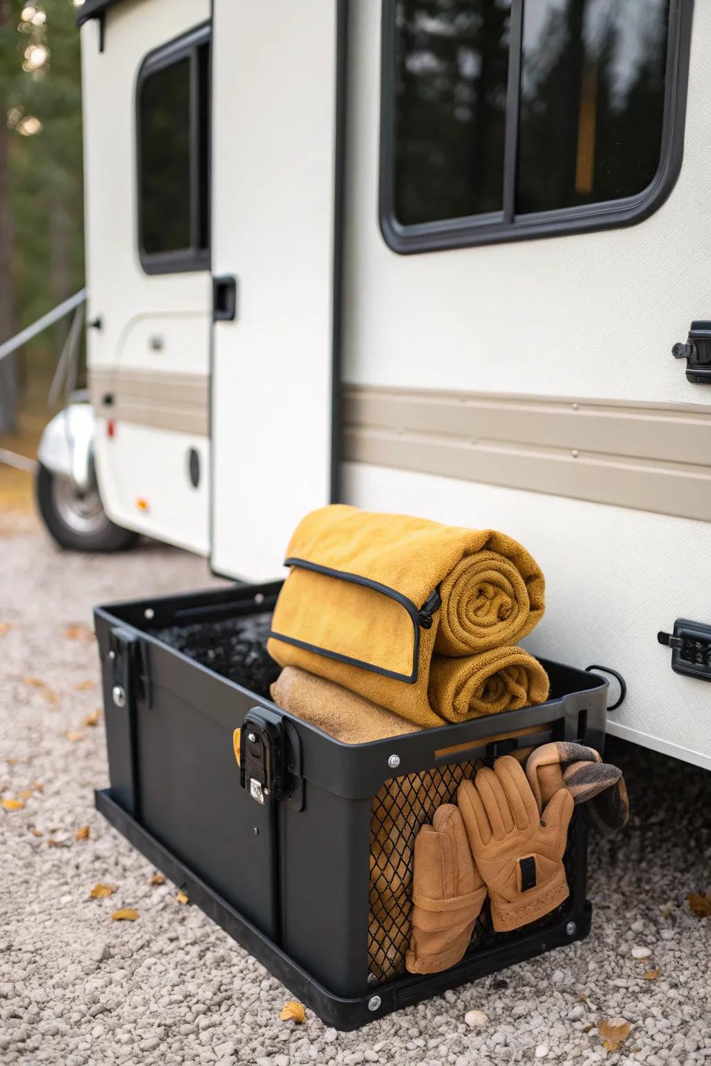 Turn the RV hitch area into a chic quick-grab crate spot for tarps, gloves, and setup essentials.