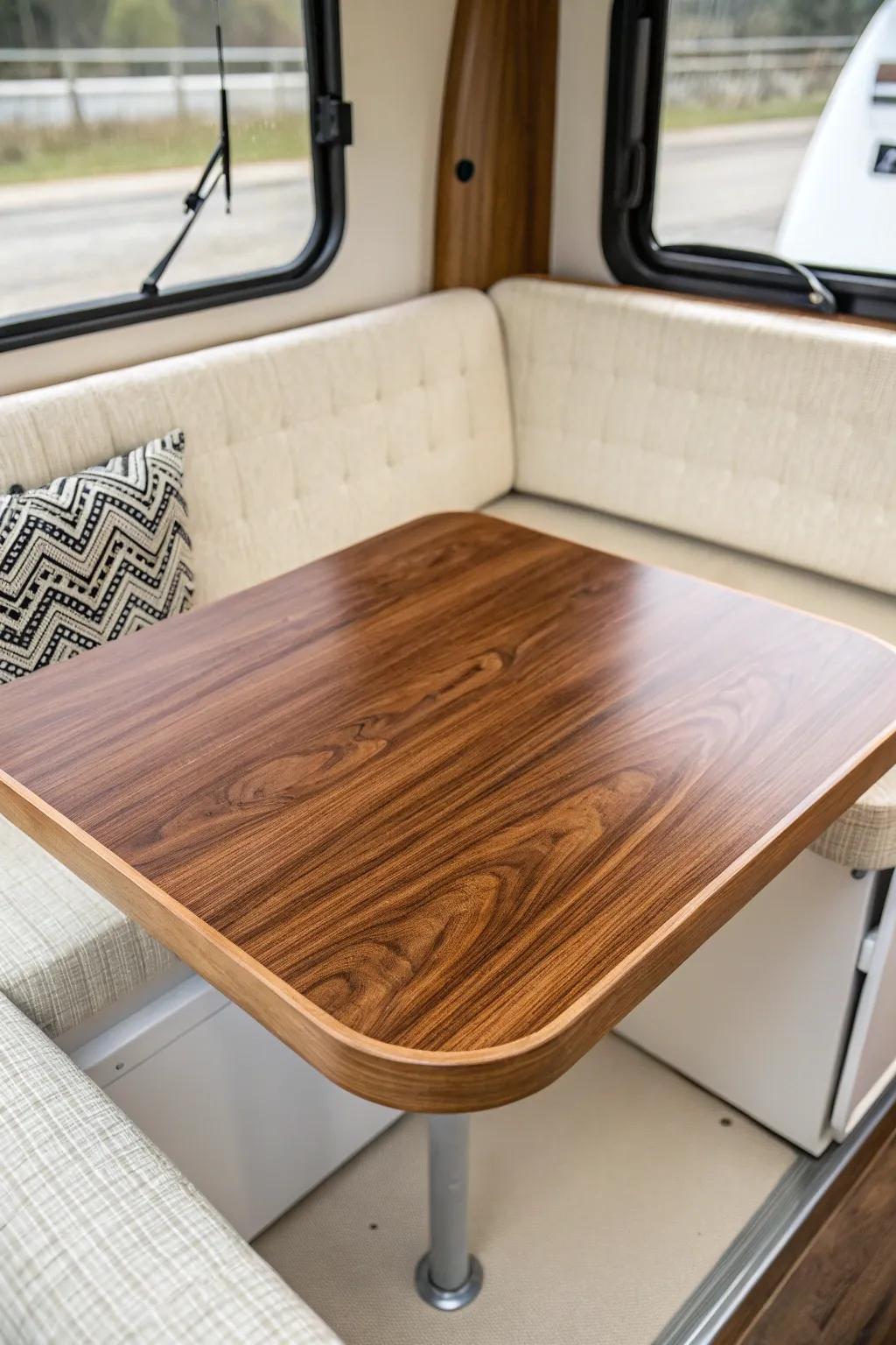 Upgrade your RV dining nook with a warm wood-look tabletop for an instant cozy, homey feel.