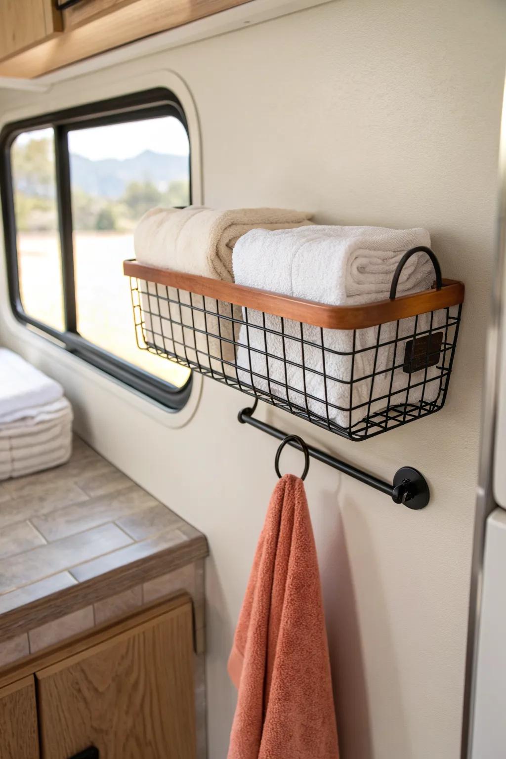 Small RV towel rack: wire basket shelf stores folded towels and hangs one below—pretty & practical.