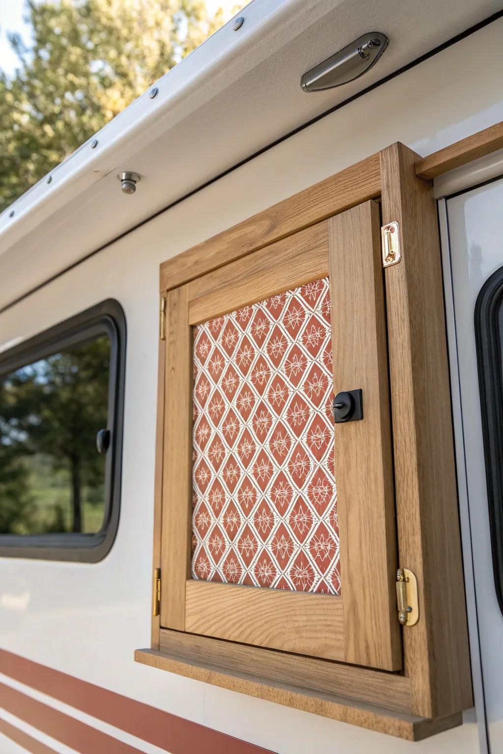 Quick RV refresh: peel-and-stick wallpaper on cabinet doors for a custom look you can swap anytime.