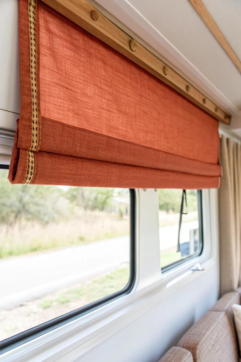 Fabric-wrapped cornice box: a quick RV window upgrade that softens edges and adds color.