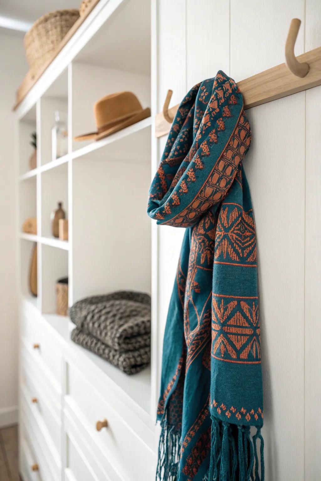 A single side-wall peg hook makes scarves easy to grab, freeing hanger space in tiny closets.