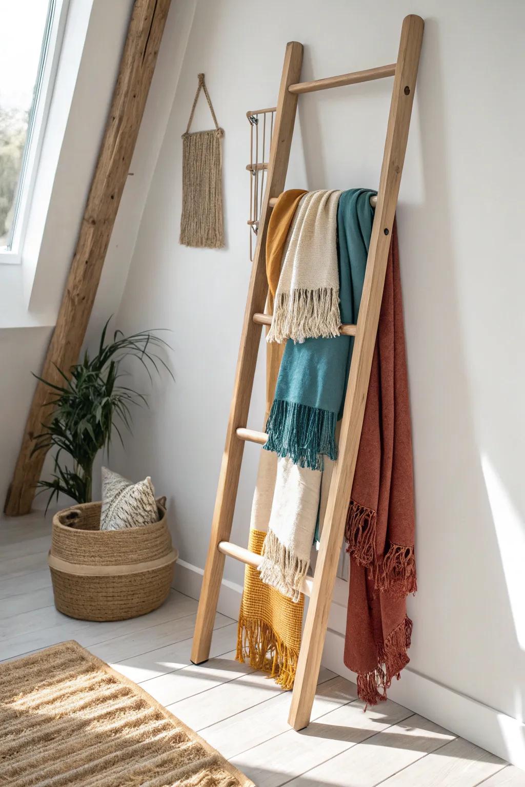 Leaning ladder scarf drape: a boutique-worthy storage idea that costs little and looks luxe.