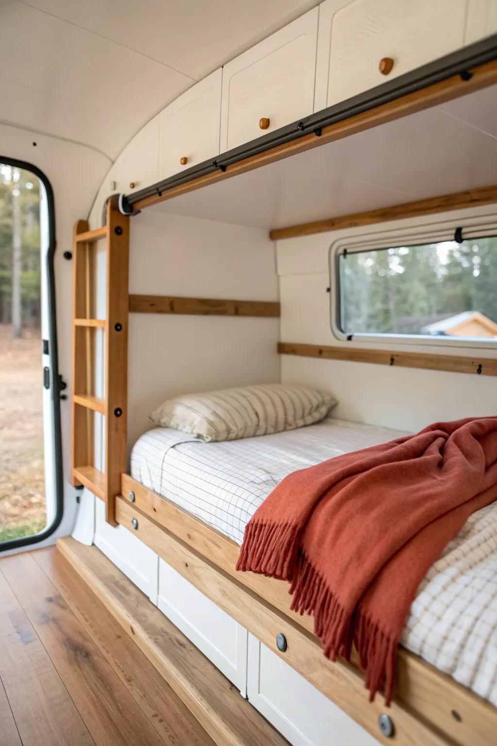 Fold-down wall bed keeps bus space open by day—crafty, minimal, with a bold terracotta pop.