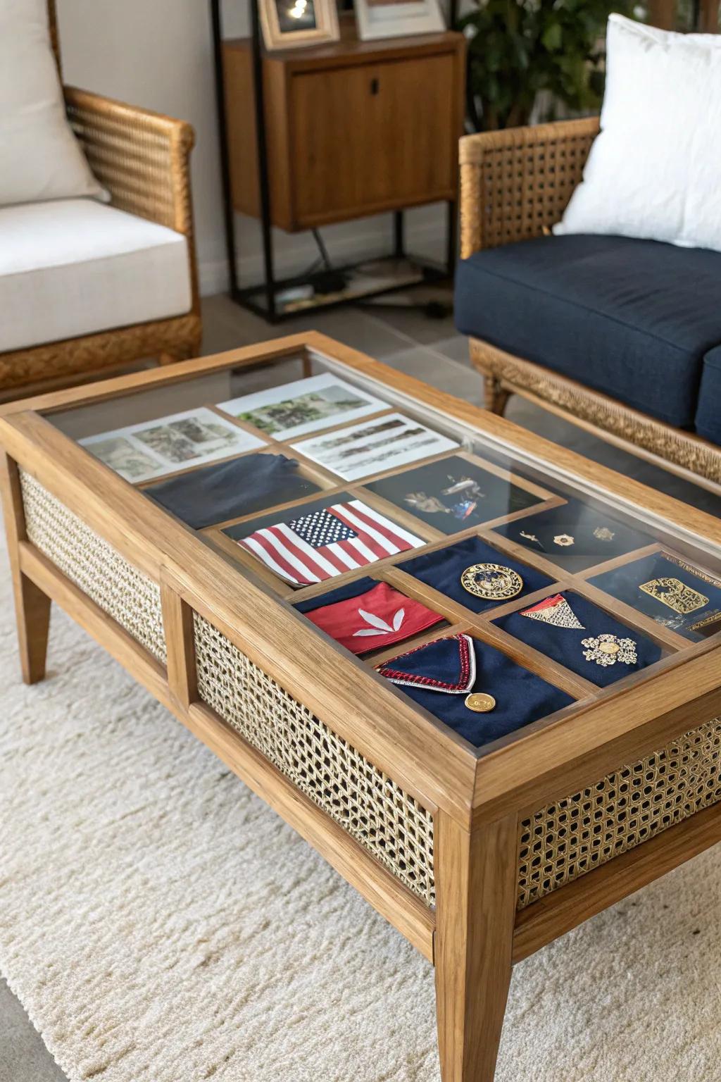 Shadow box coffee table tribute: folded fabric, medals & patches arranged in modern, homey style.