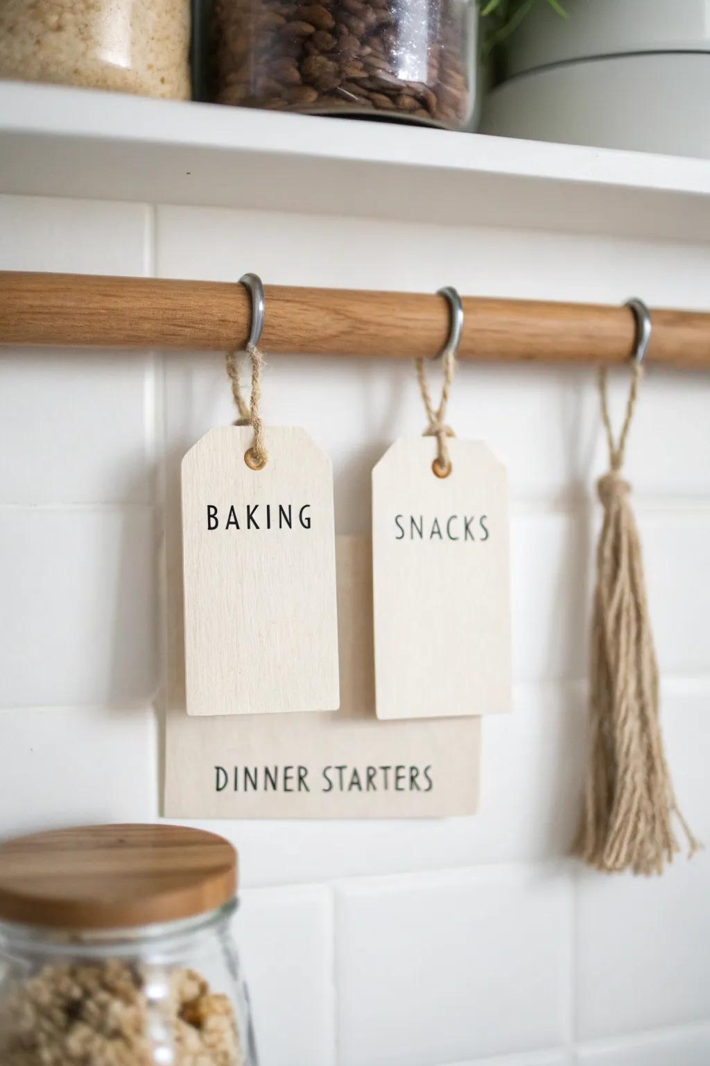 One-glance pantry: labeled zones on a shallow shelf keep baking, snacks, and starters tidy.