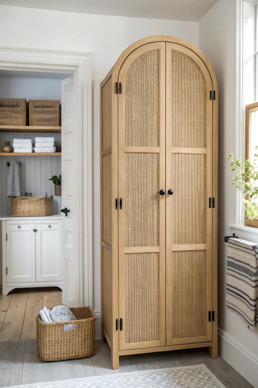 Double-sided oak storage tower keeps Jack-and-Jill bathrooms calm—two sides, two routines.