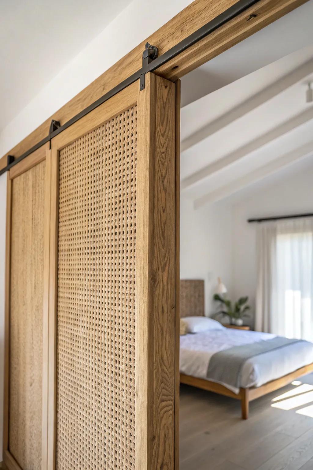 A sleek ceiling-track sliding panel adds privacy without clutter—minimal, warm, and renter-friendly.