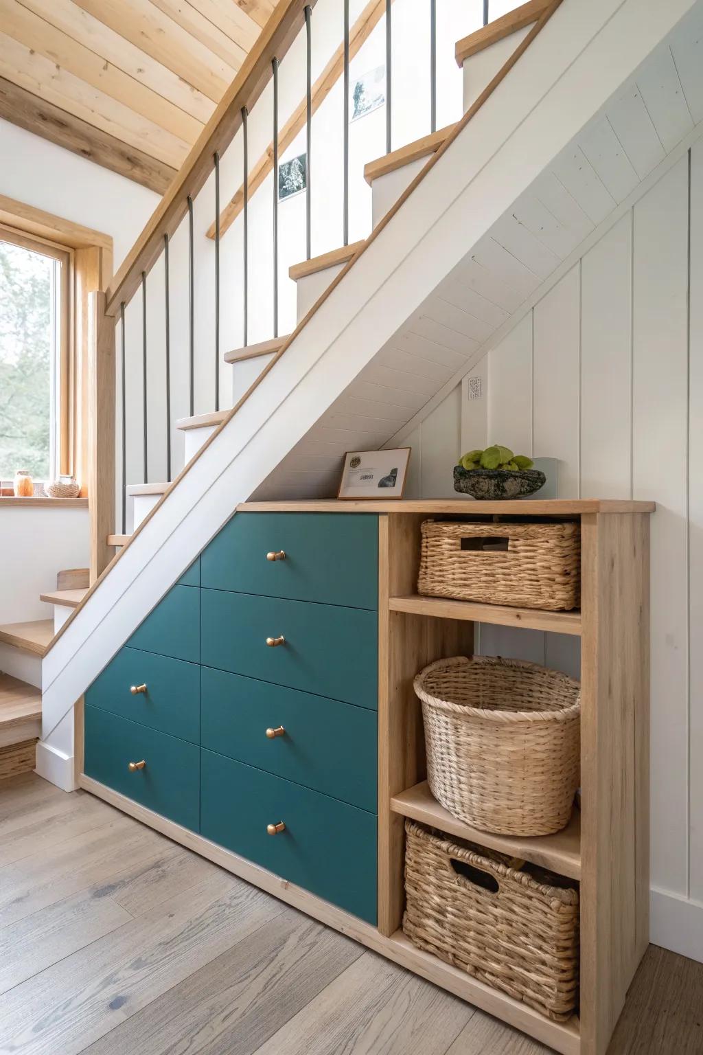 Under-loft stairs become luxe storage—handcrafted oak drawers with a bold color pop.