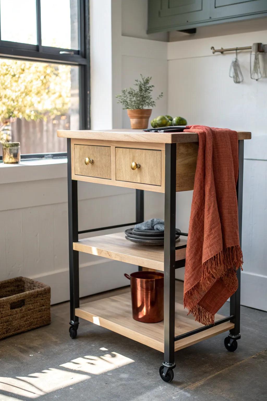 A rolling cart mini island adds instant prep space—and tucks away neatly when you’re done.