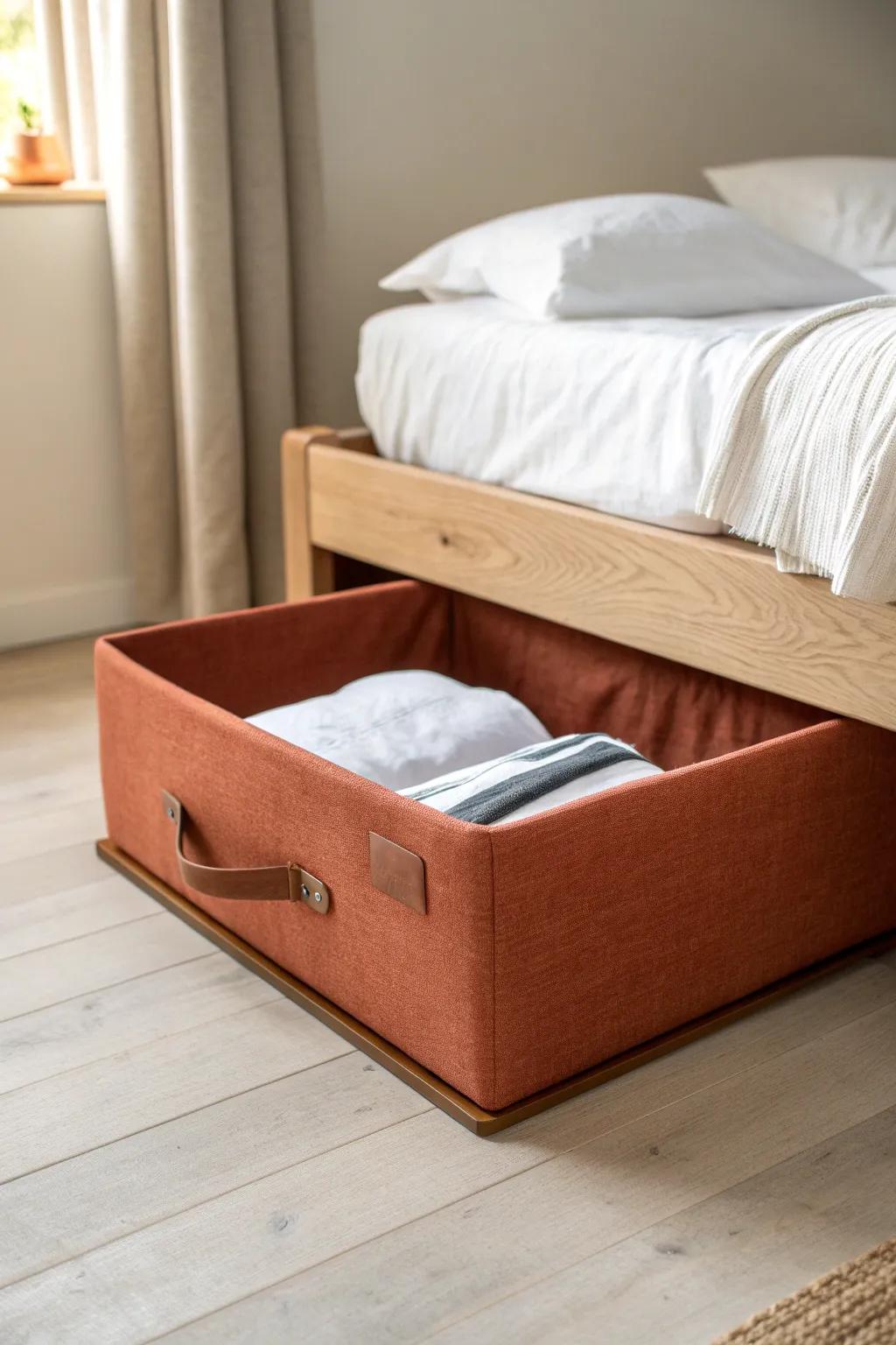Hide backup sheet sets in a low-profile under-bed bin—instant “extra closet” for small spaces.