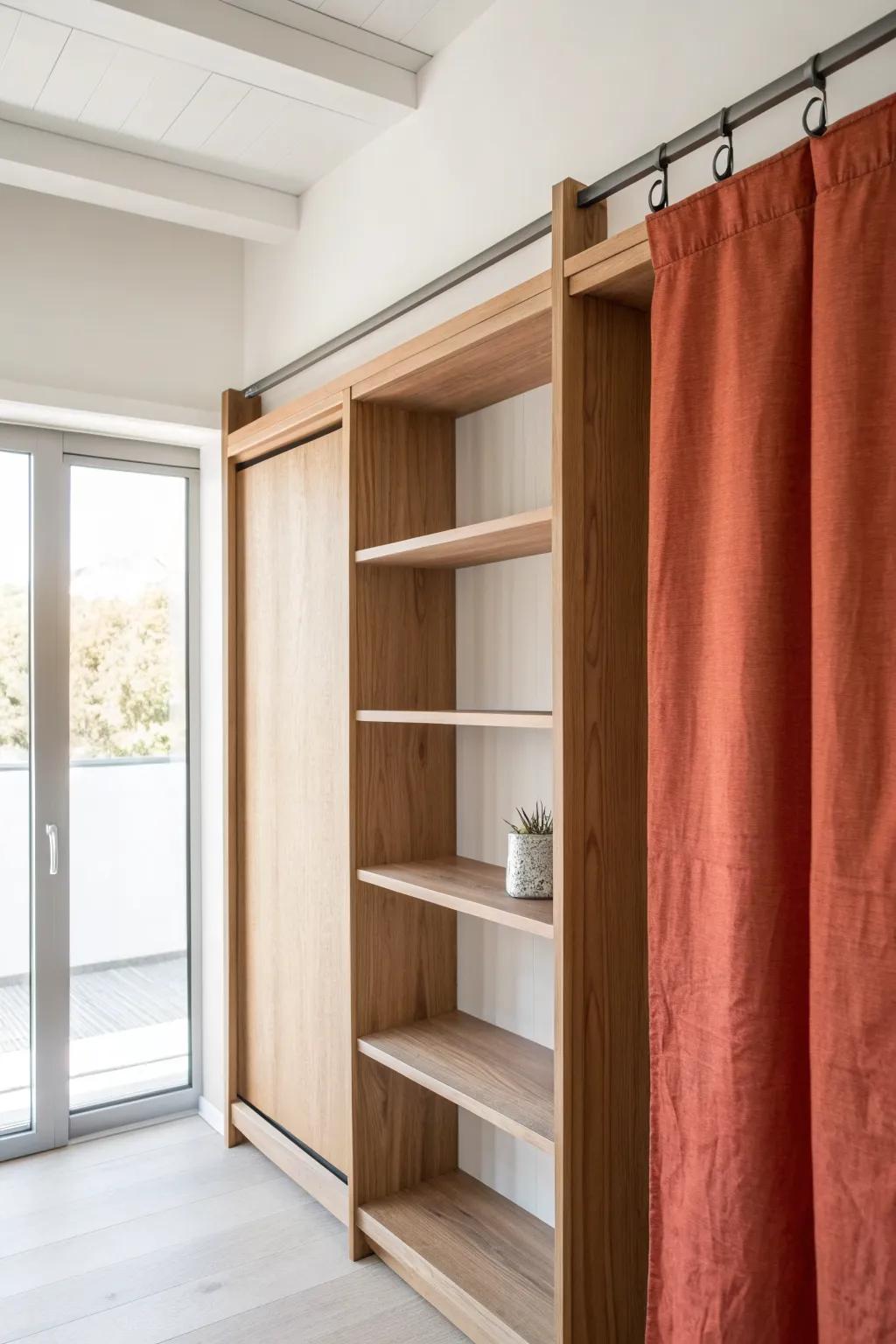 Hide clutter beautifully with sliding linen panels—style one side, conceal the rest.