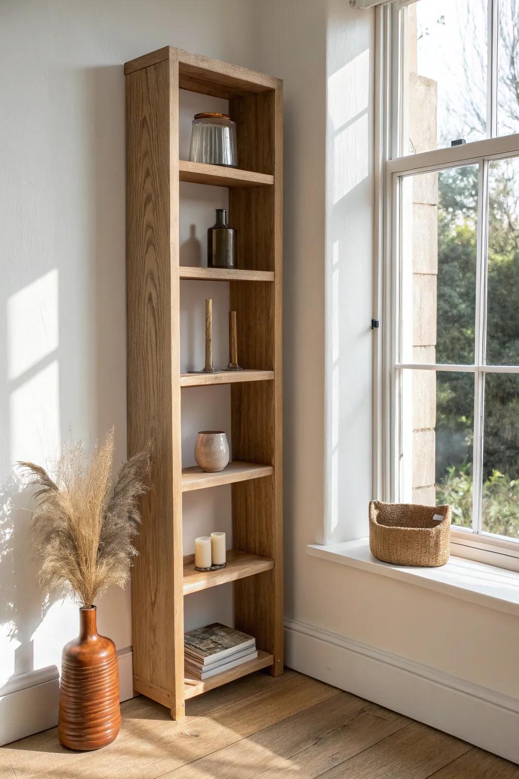 Turn a 6-inch gap into a chic display—slim shelves for candles, trays, and tiny art.