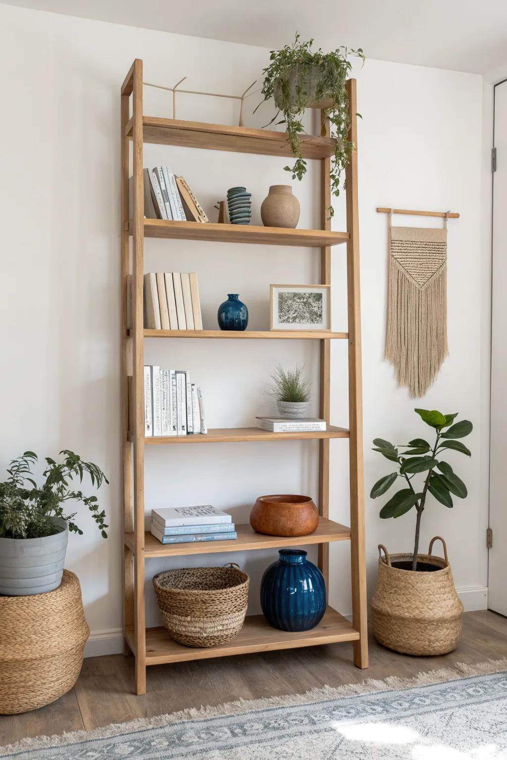 Make a blank wall feel taller with airy floor-to-ceiling shelves and curated color pops.