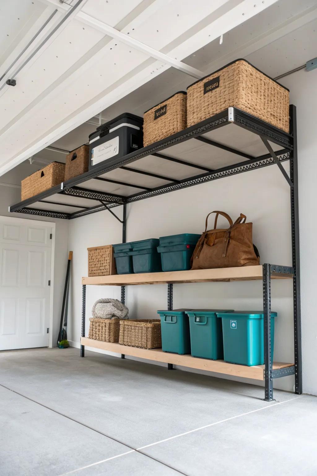 Ceiling-mounted shelves free up garage floor space—perfect for camping gear and holiday bins.
