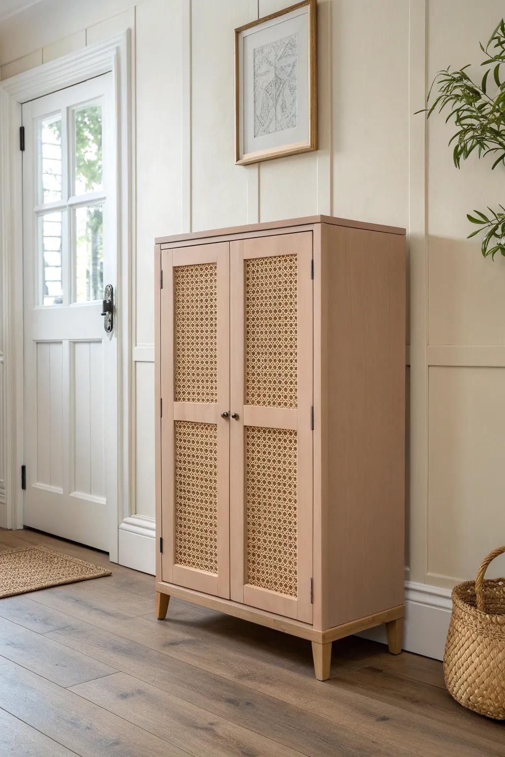 A slim ventilated shoe cabinet with rattan + cutout fronts—fresh shoes, clean entryway style.