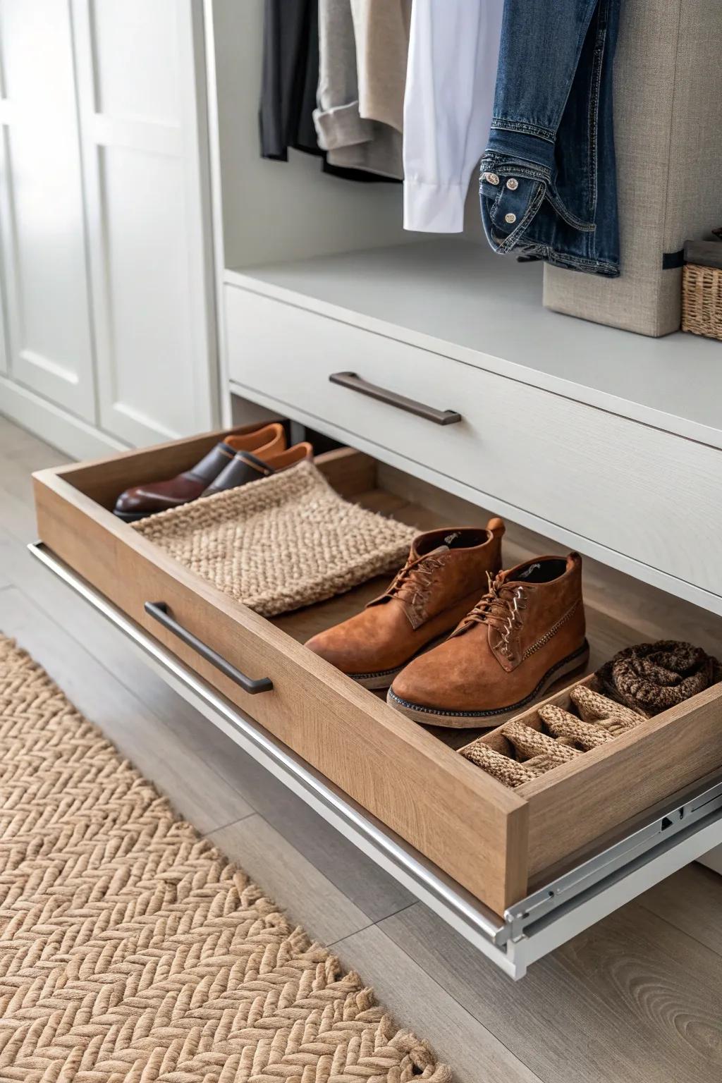 Pull-out shoe trays bring every pair into view—no more lost shoes in deep closets.