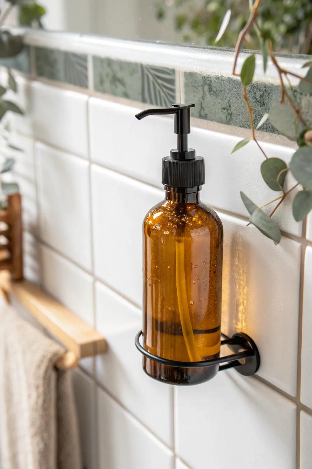 Upside-down bottle clips keep shelves ring-free and use every last drop—perfect for tiny showers.