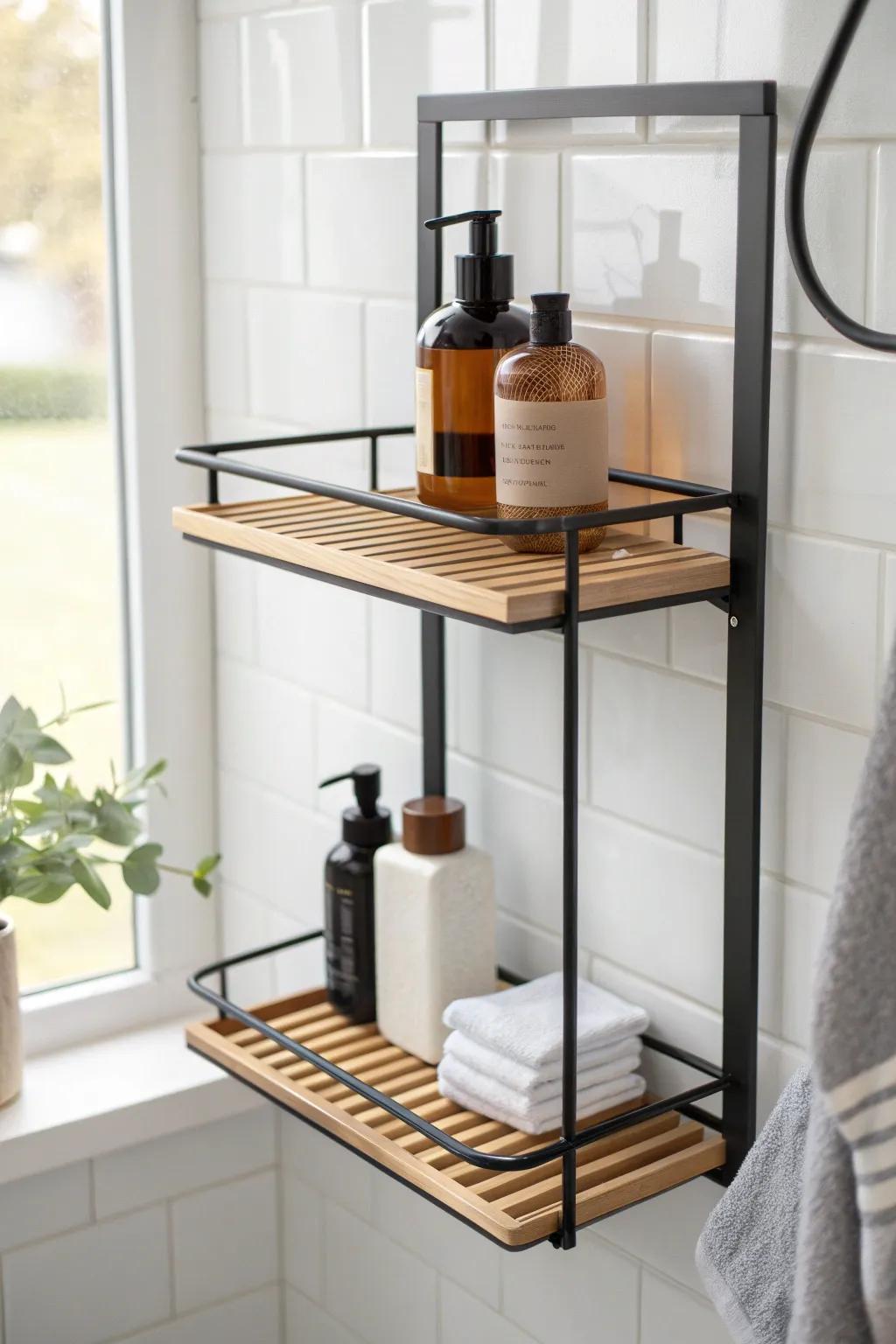 Two-tier shower shelf: daily essentials up top, backups below—simple, calm, clutter-free.